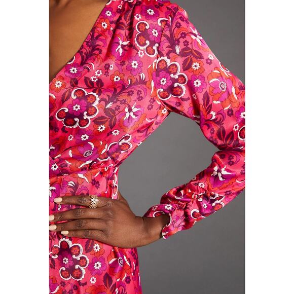 Maeve Anthropologie Pink Floral Print Long Sleeve Wrap Mini Dress Size Medium - Picture 2 of 16